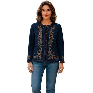 Koret Wool Blend Paisley Cardigan Sweater Women's Small Blue Knit Floral Buttons
